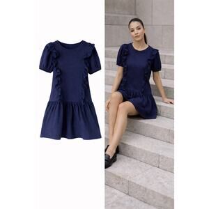 Day + Moon Navy Puff Sleeve Ruffle Babydoll Mini Dress Large